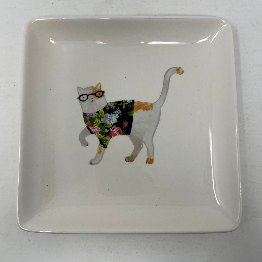 Magenta Ceramic Square Appetizer Plate Cat with Glasses Floral Shirt White 6"